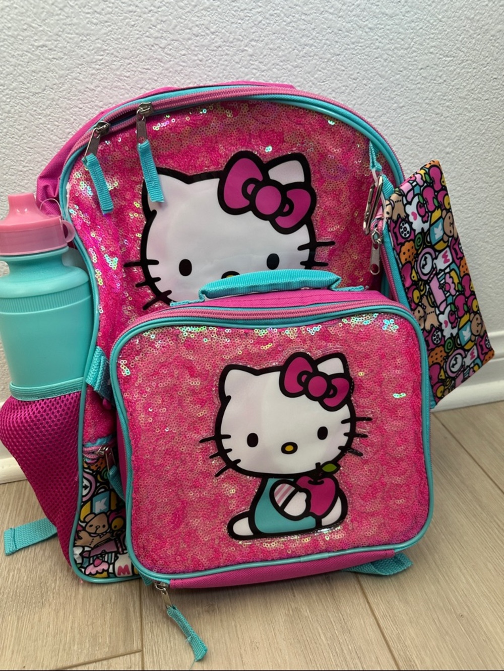 Hello Kitty Pink Sequin Backpack with Aqua Trim and Matching Bottle